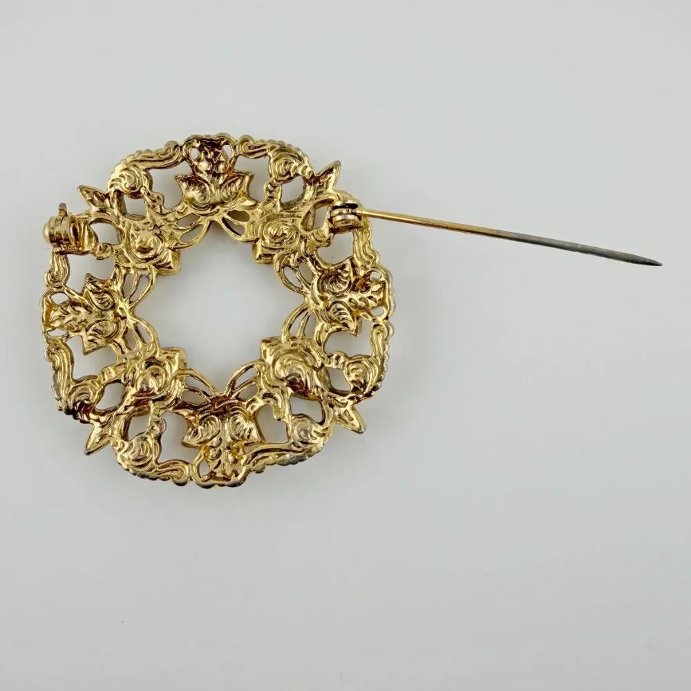 Gold Tone Openwork Wreath Brooch with Black & Clear Rhinestones - Vintage